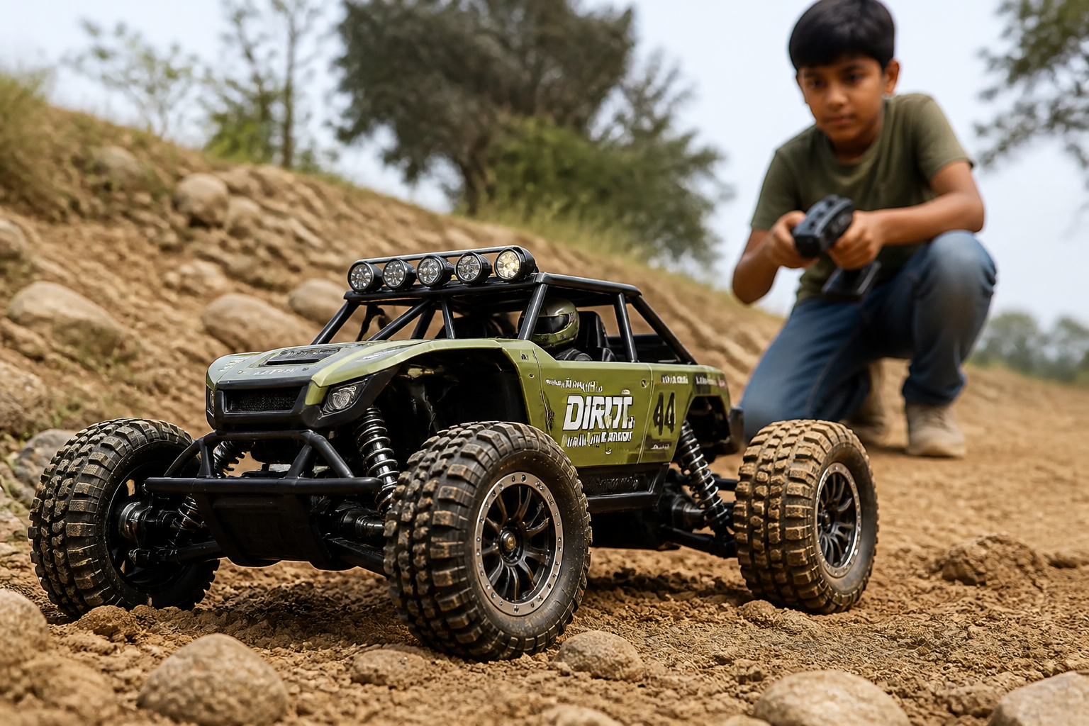 GRAPHENE Rock Crawler RC Car in olive drab with suspension detail and 4WD drivetrain close-up