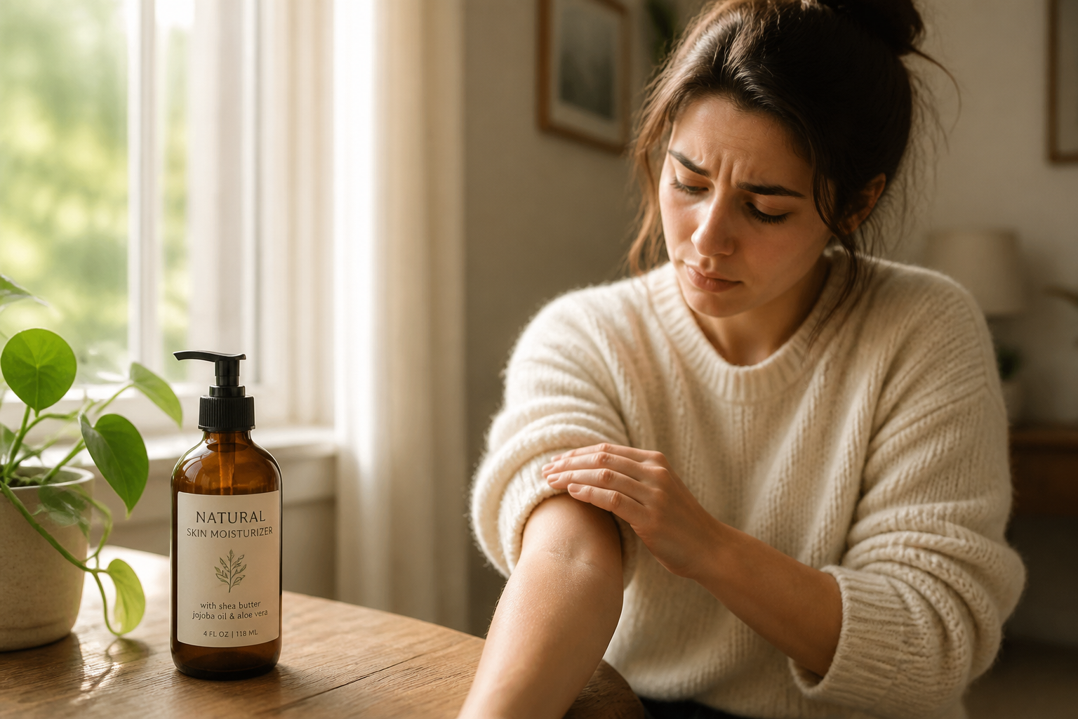 Woman in a cozy oversized sweater looking down at her bare arms with quiet frustration near a window with soft daylight streaming in