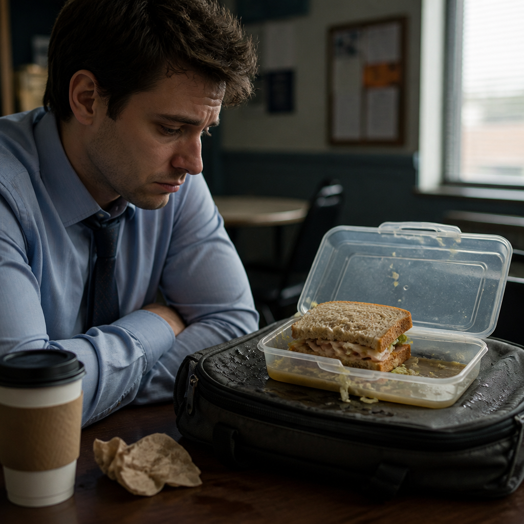 A tired young professional at lunchtime looking sadly at a soggy cold sandwich in a stained lunchbox, generic unbranded container with spilled contents leaking into a worn-out bag
