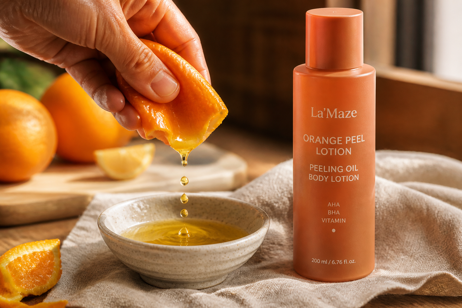 Artisanal close-up photograph of a hand gently squeezing fresh orange peel with golden citrus oil droplets falling into a small ceramic bowl, soft natural light from a window, premium beauty editorial composition