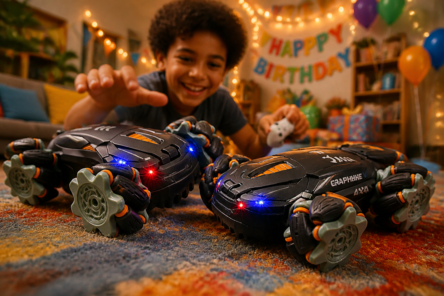 Two GRAPHENE 4X4 drift cars mid-crash battle on a colorful carpet in a cozy living room with fairy lights and birthday party decorations in the background