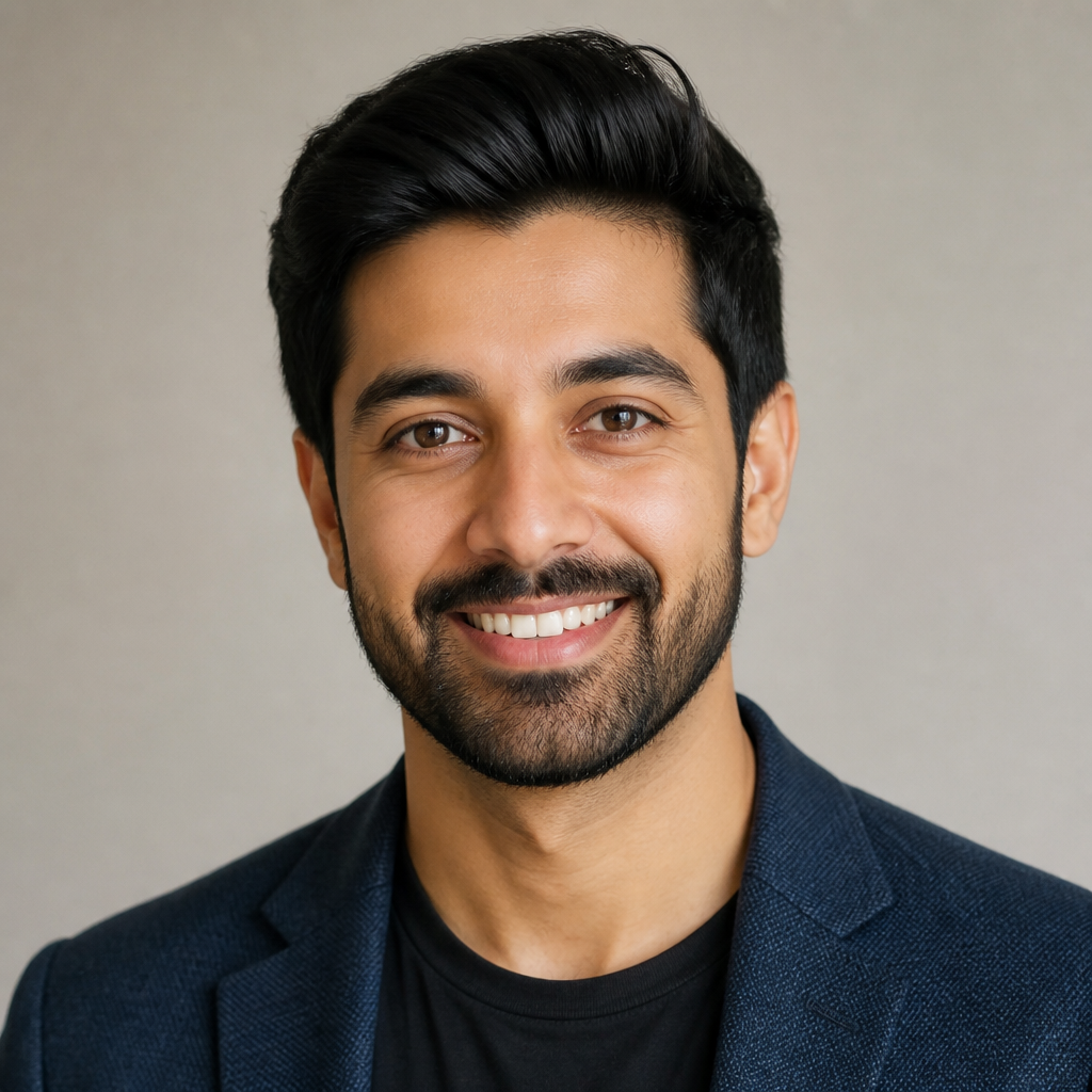 Close-up portrait of a young South Asian man with neatly styled dark hair, soft window light, approachable expression, blurred warm-toned background