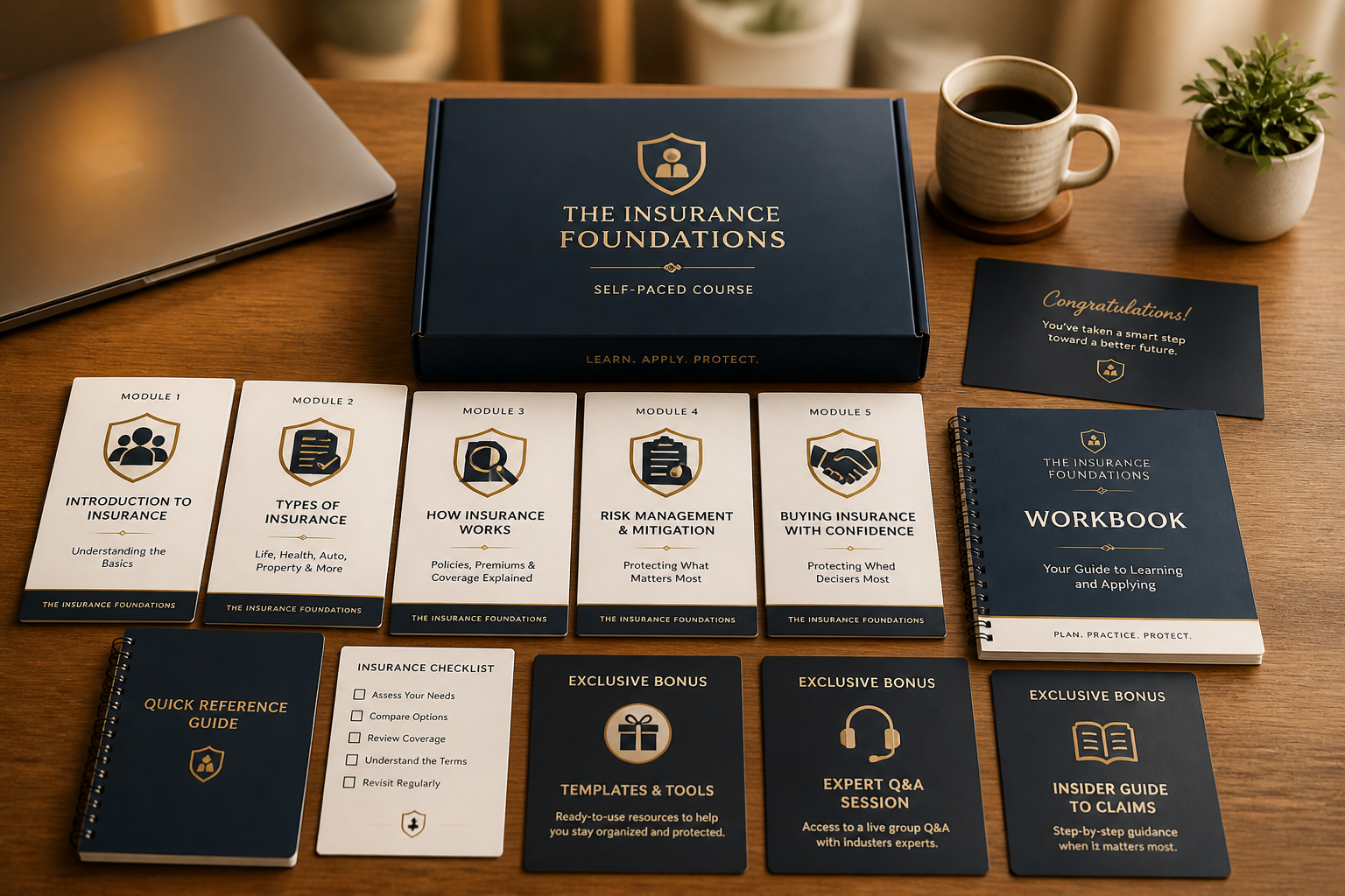 A value box illustration showing the course modules and bonus items arranged like a premium package reveal with course materials, workbooks, and exclusive resources displayed attractively