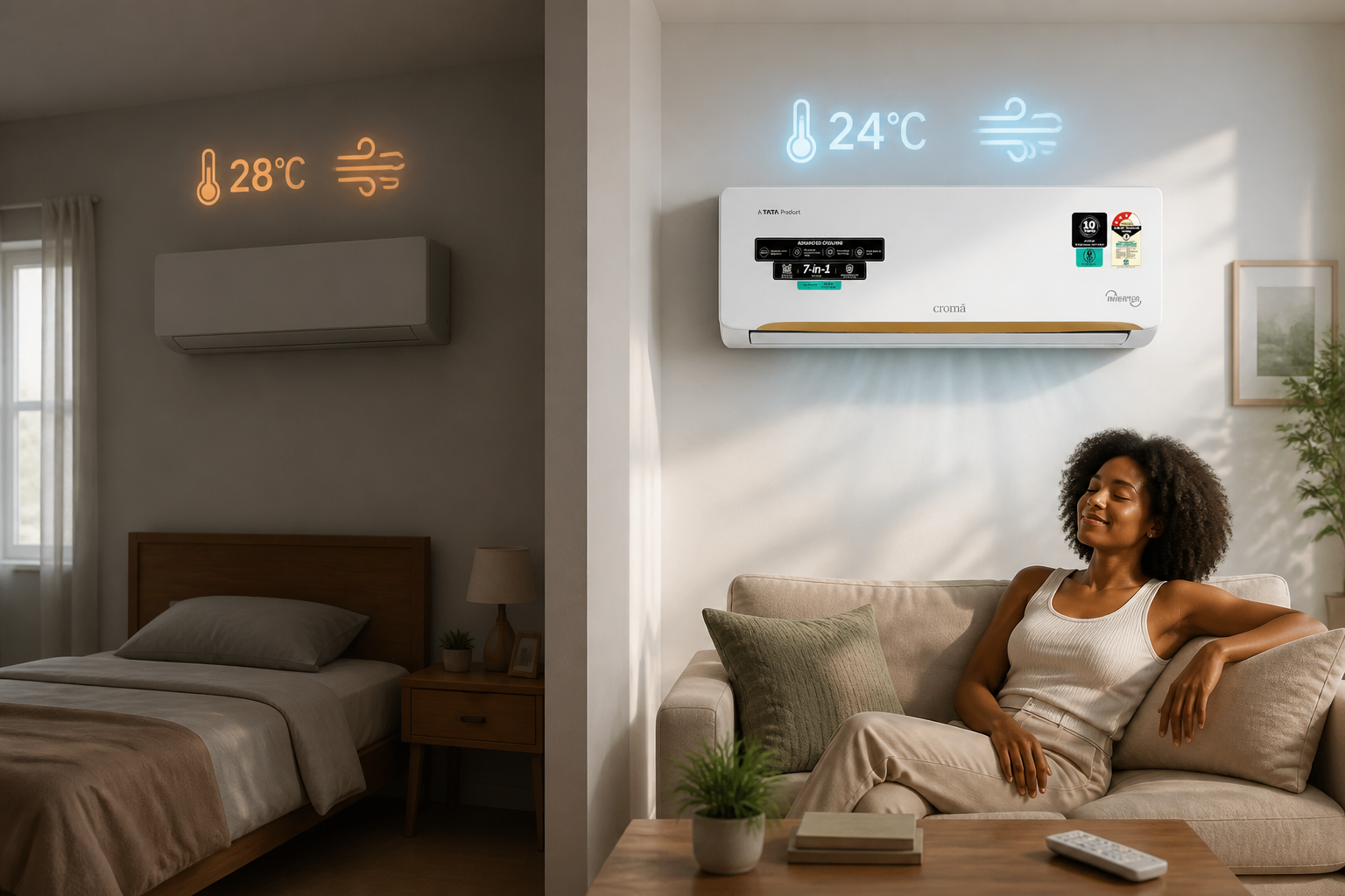 Split image showing Croma AC cooling different room sizes - bedroom on left showing compact mode and living room on right showing full cooling mode with temperature and airflow indicators