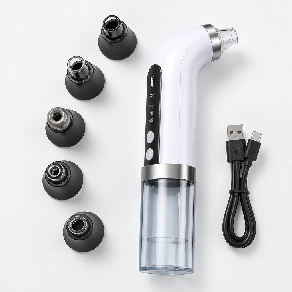 Exploded view product shot showing all 6 replaceable probes arranged around the main device unit with USB charger, professional product photography
