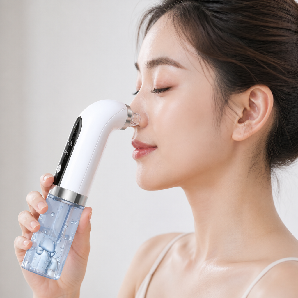 Simple usage demonstration showing the blackhead remover device being held in hand with clear controls and ergonomic design