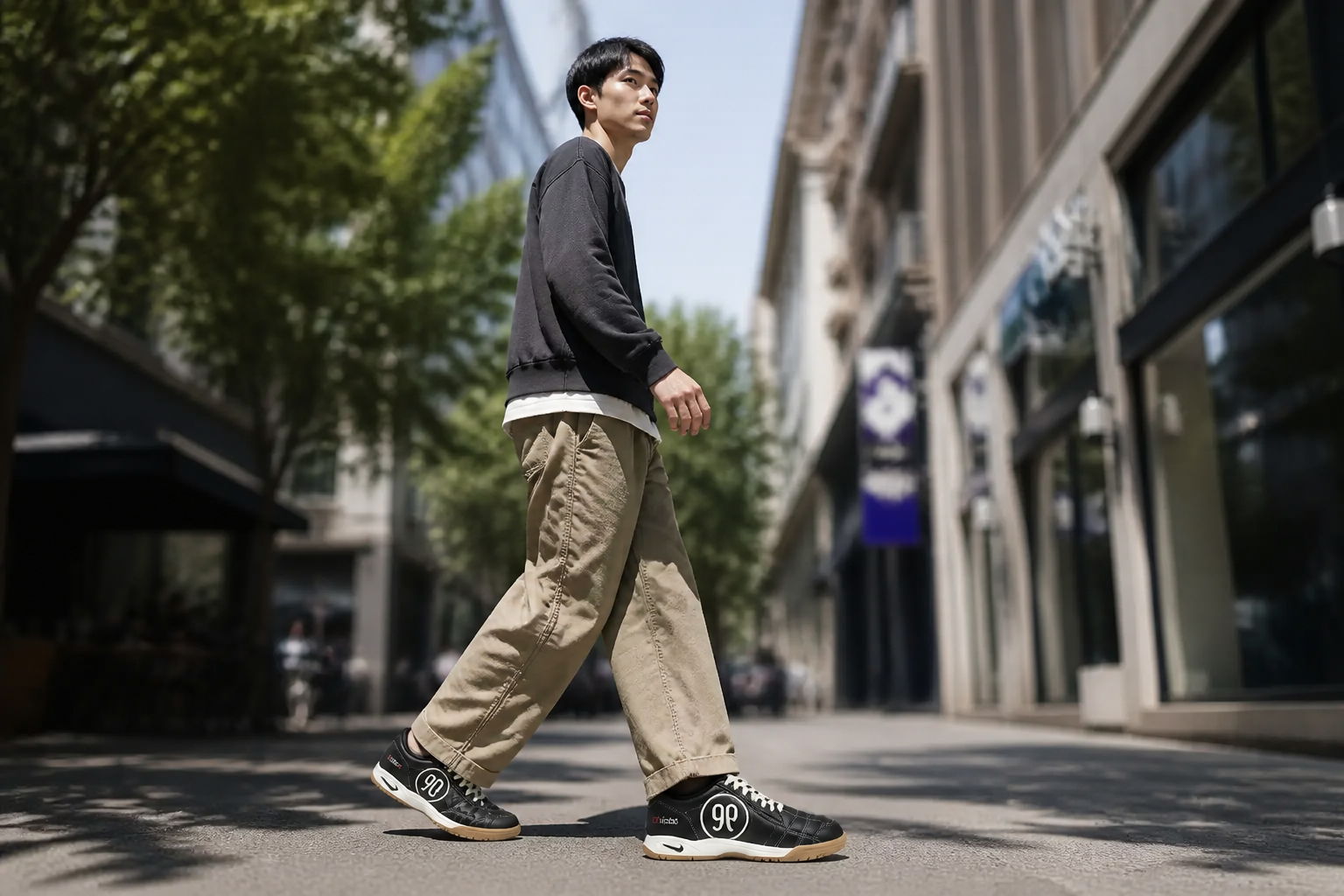 Lifestyle image of a young person walking confidently on a clean city street wearing Nike sneakers with casual outfit in motion