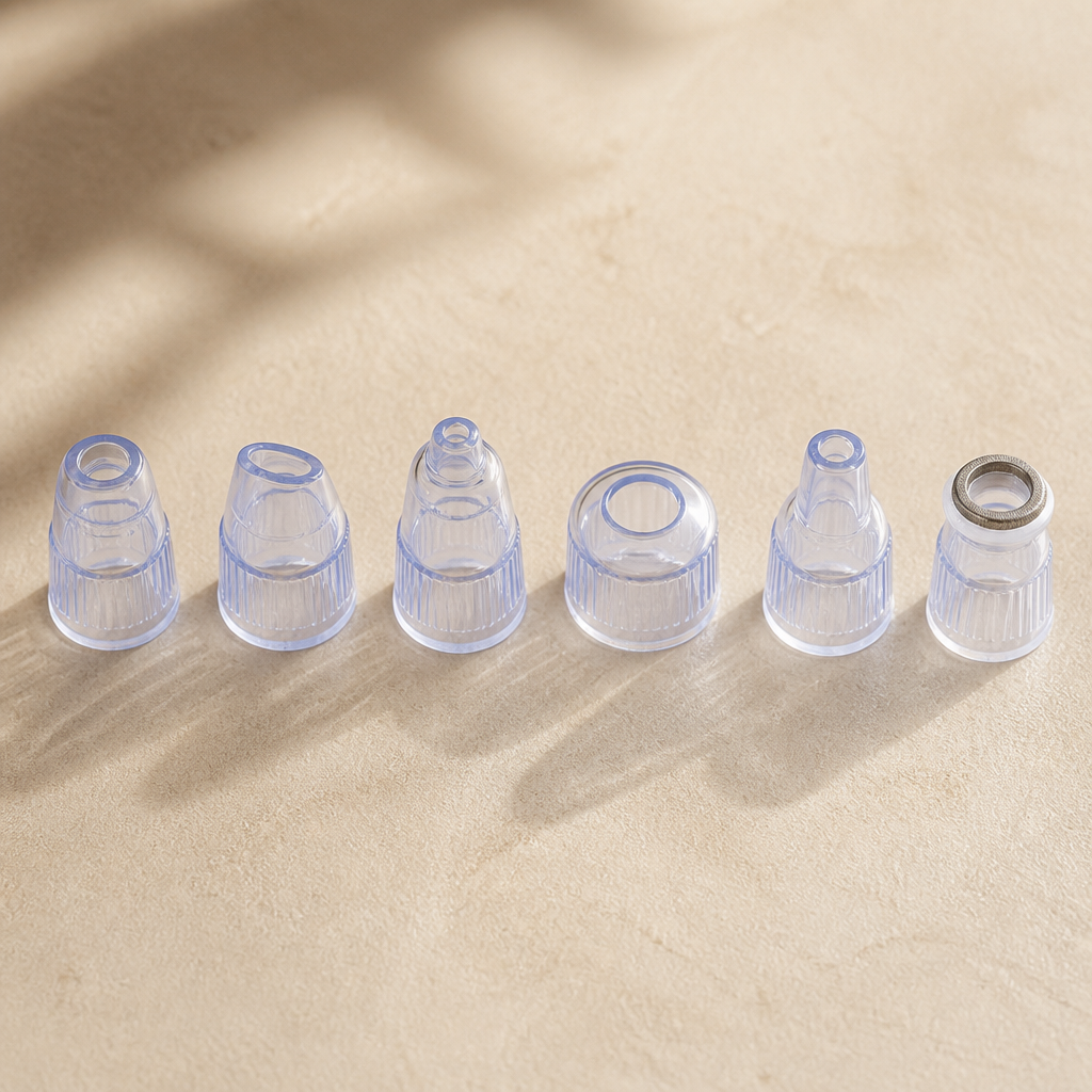 Six different shaped replacement probes for the blackhead vacuum laid out in a row on a soft beige surface showing each unique attachment shape