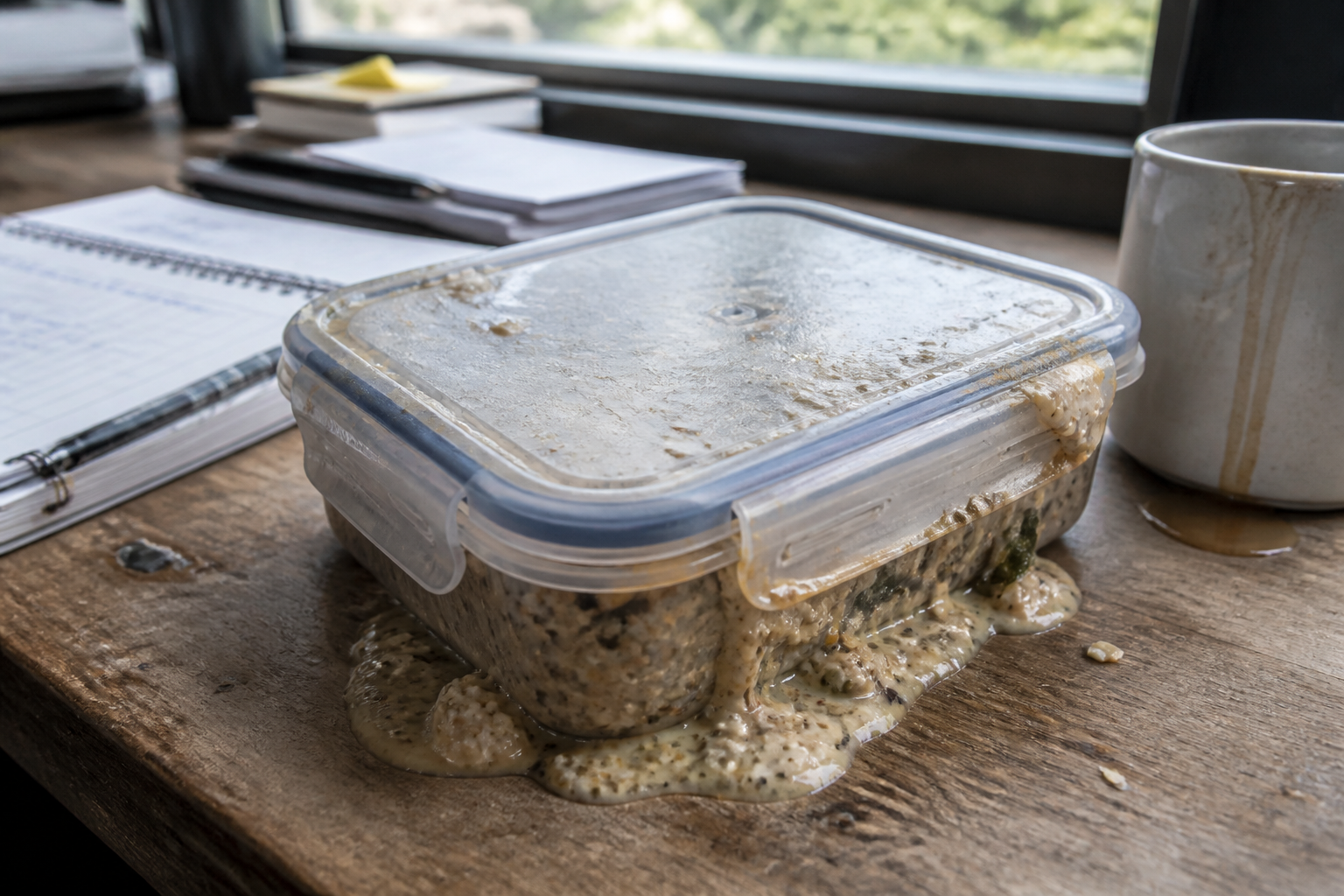 A messy leaking generic plastic lunch container with cold unappetizing food sitting on a desk