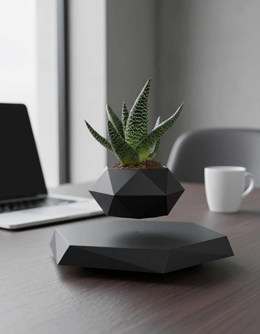 Close-up view of levitating bonsai tree with smooth rotation