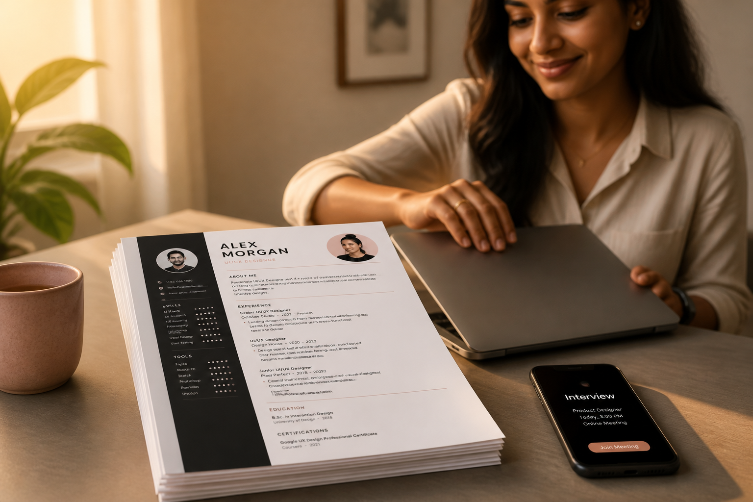 Smiling confident Indian professional closing a laptop after submitting applications, with a phone showing interview call notifications in soft golden light