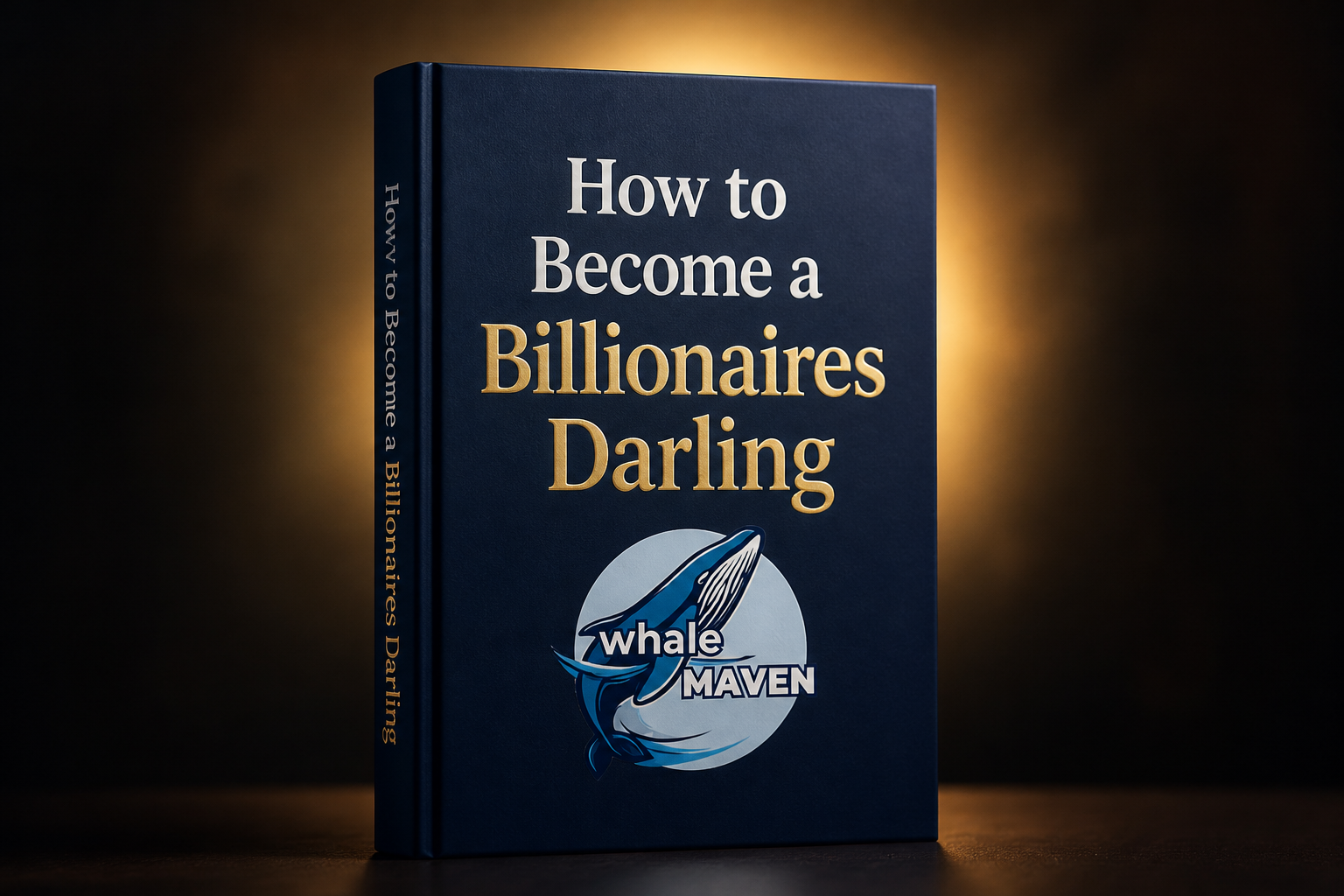 3D mockup of a navy hardcover book titled How to Become a Billionaires Darling with a soft golden halo of light behind it on a dark cinematic background