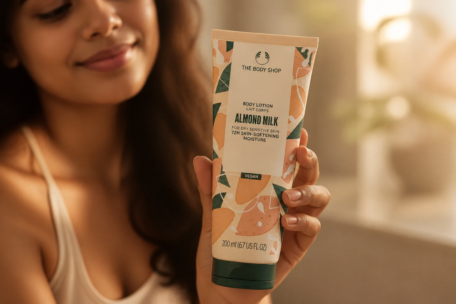 Closing hero image of confident glowing skin in golden hour light with a hand holding the Almond Milk Body Lotion tube, soft warm atmosphere of confidence and softness