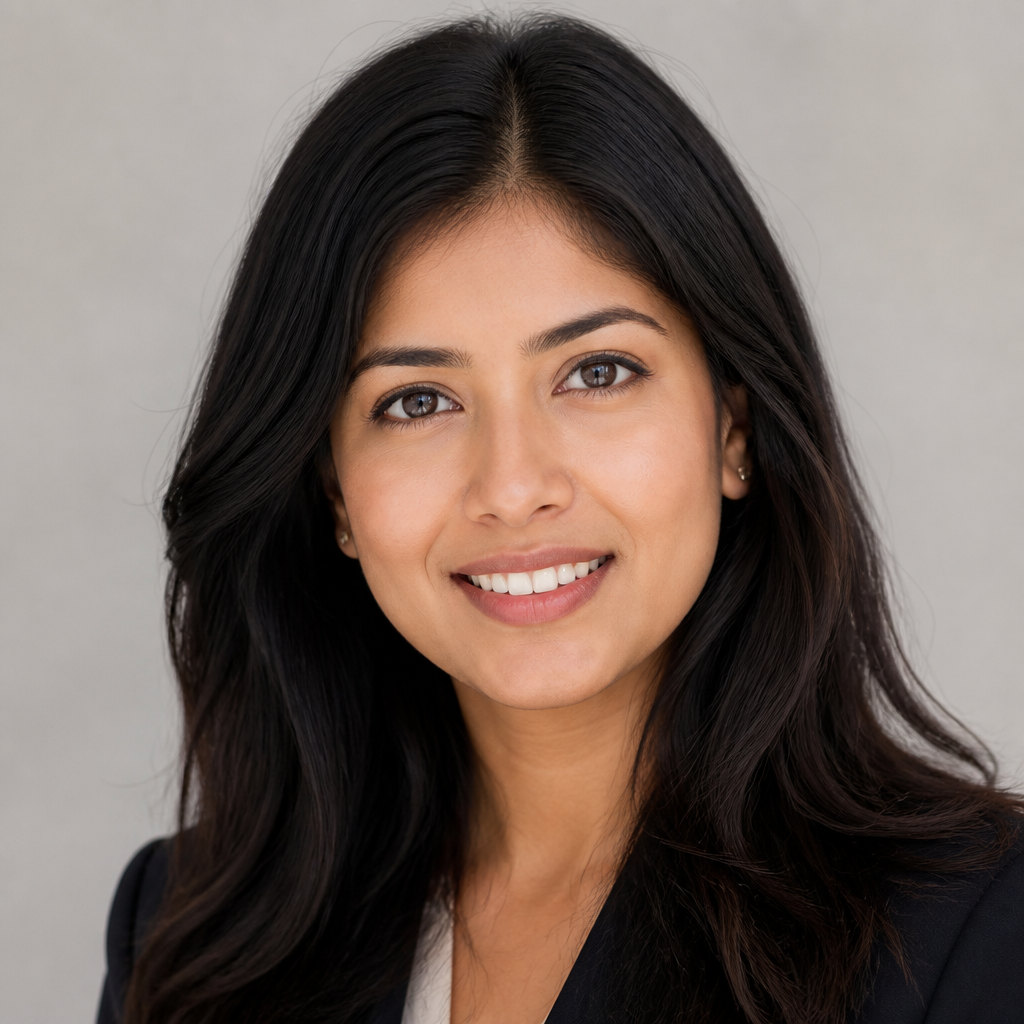 Warm smiling portrait of a young Indian woman with long dark hair laughing softly in golden window light, candid natural moment, shallow depth of field