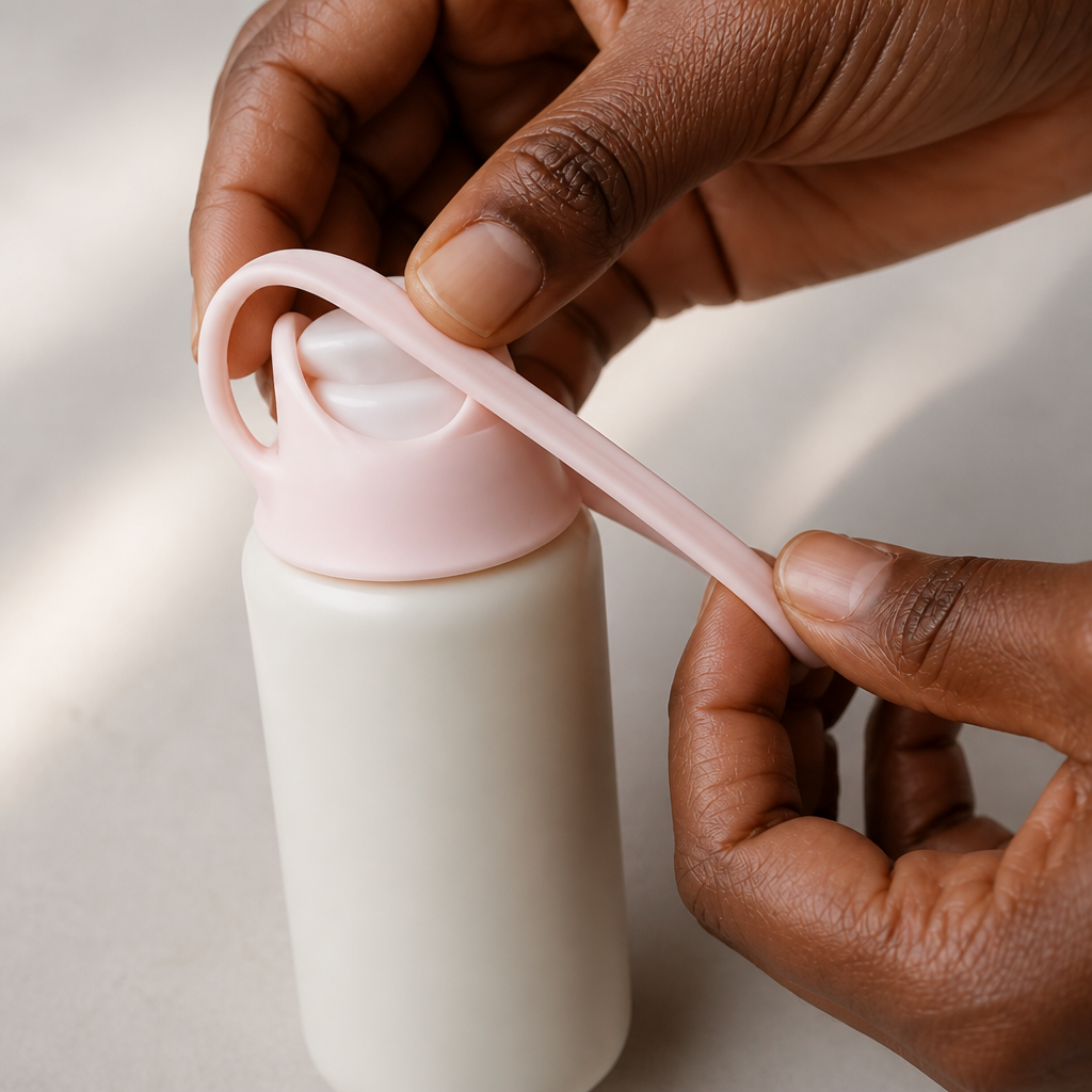 Hand stretching premium silicone sleeve over a travel bottle lid demonstrating the elastic stretch