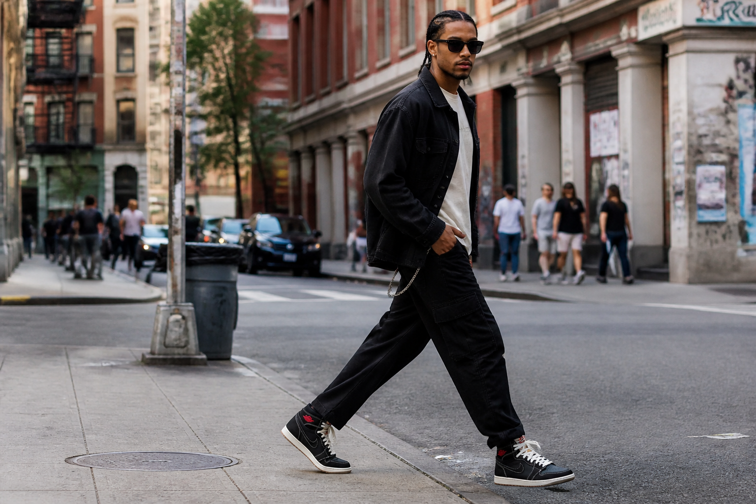 Confident urban professional wearing Nike Total 90 Premium sneakers while walking through city streets, blending athletic heritage with contemporary street fashion