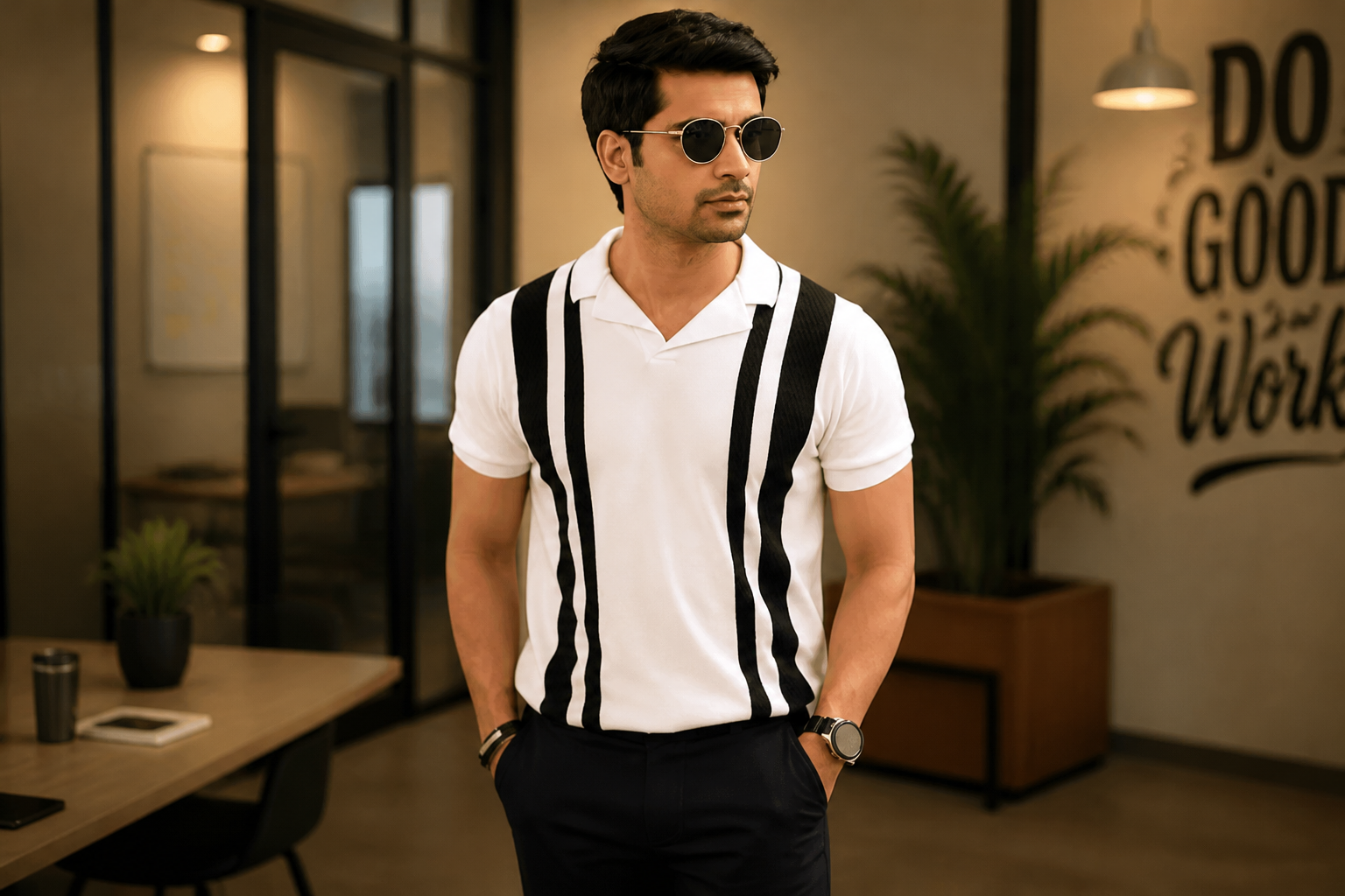Lifestyle photograph of a stylish Indian man in a retro striped polo paired with chinos, warm indoor lighting, casual office setting