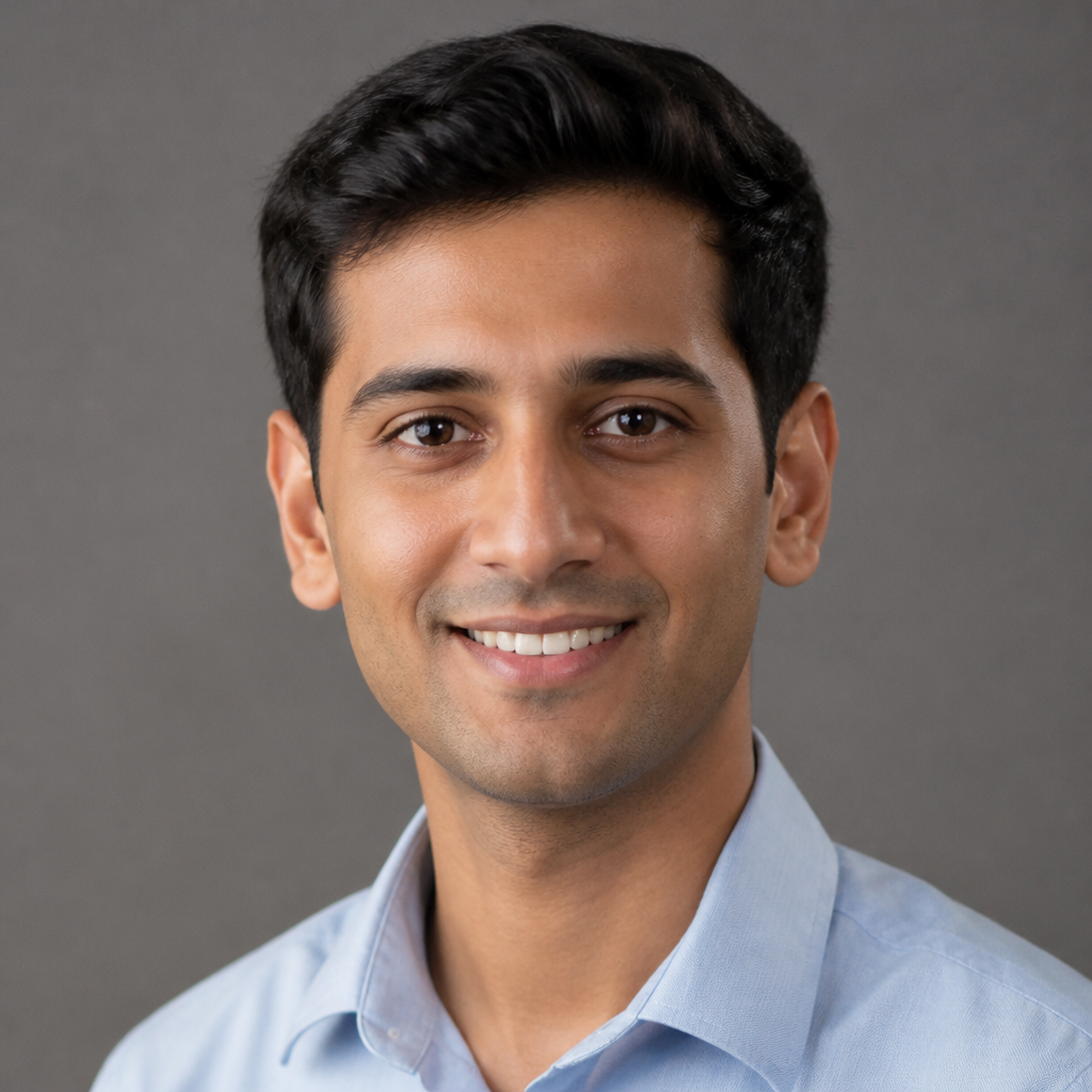 Close-up portrait of an Indian man in his mid thirties, Karan, confident smile, short hair, casual shirt, soft indoor ambient light, shallow depth of field