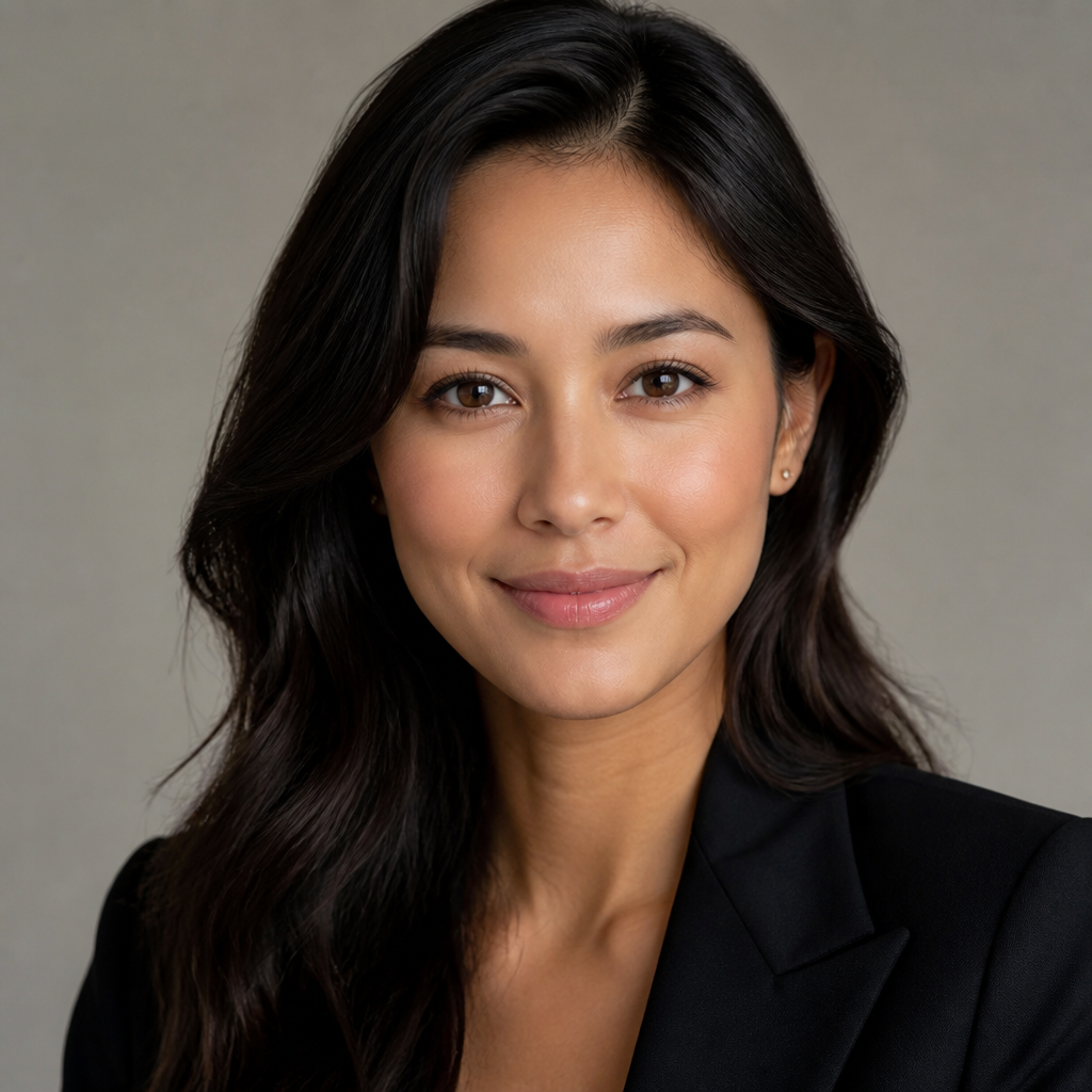 Friendly portrait of a middle-aged East Asian woman smiling softly, soft studio lighting against a muted gray backdrop, clean modern profile photo