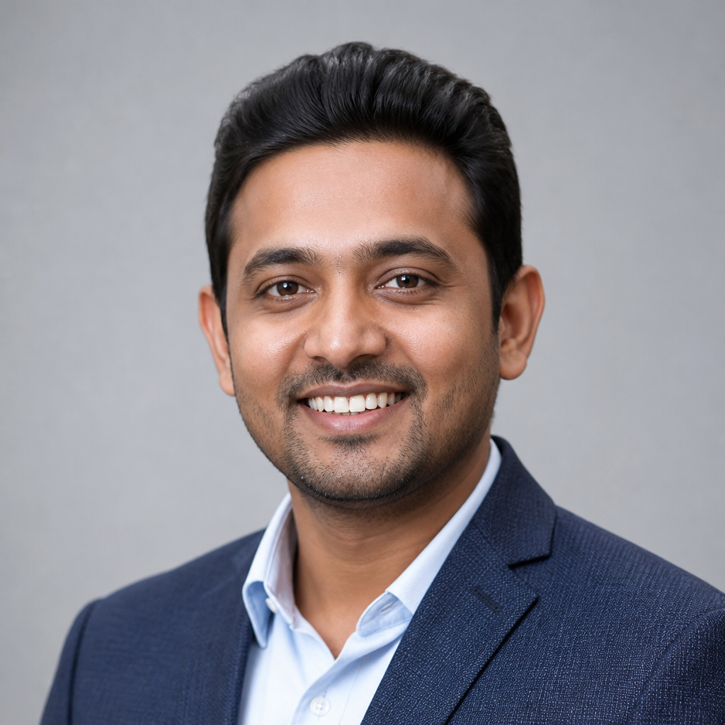 Cheerful Indian man in his thirties with short black hair and light stubble, warm smile, soft natural lighting against a softly blurred home interior background, headshot portrait