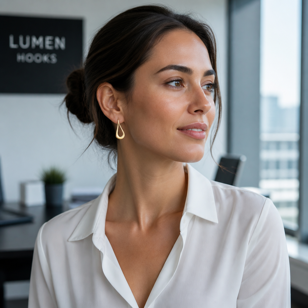 Woman wearing silver Lumen Hooks with a crisp white blouse in a modern minimalist office setting with cool natural daylight