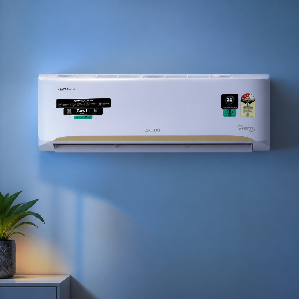 Croma 7-in-1 Convertible Split AC with sleek white finish, modern design, displayed in a premium setting with soft blue lighting highlighting its elegant form