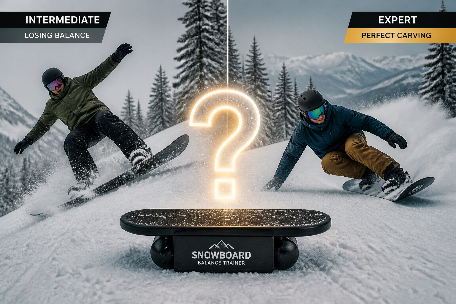 Split comparison showing a frustrated intermediate snowboarder losing balance on steep terrain versus an expert rider executing perfect carving technique, with a mysterious glowing question mark overlay symbolizing the secret being revealed