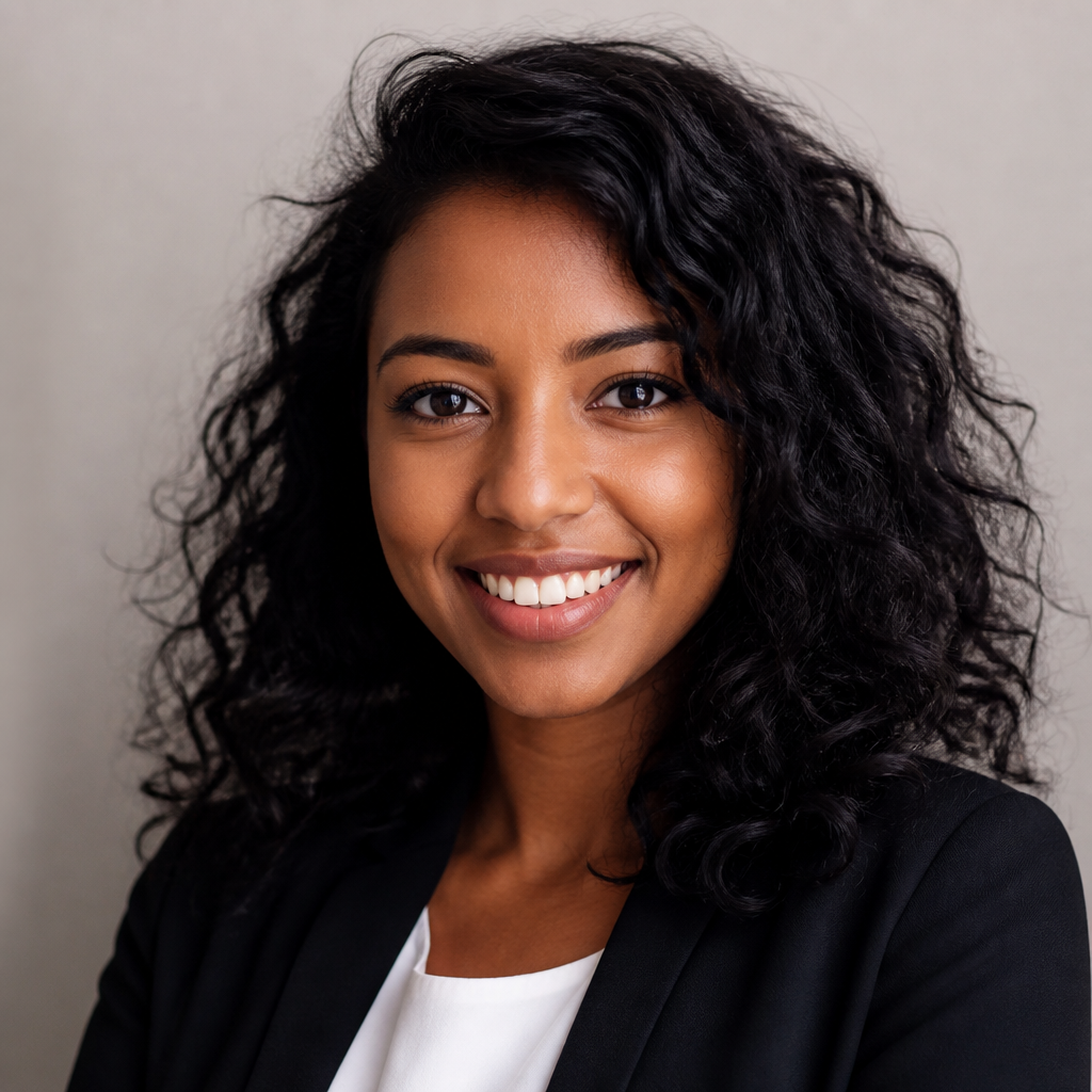 Cheerful young African woman laughing outdoors, sunlight catching her features, candid lifestyle portrait with soft blurred greenery in the background