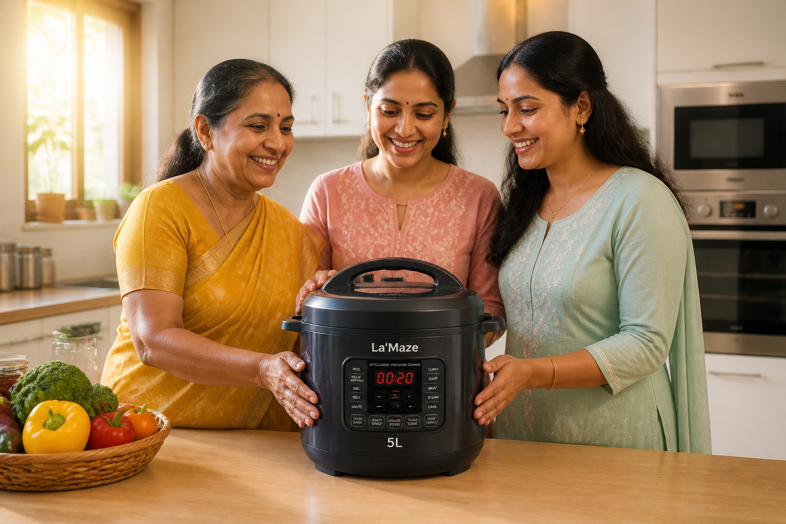 Three Indian women of different ages posing in their kitchens holding La'Maze cookers, smiling warmly with morning sunlight, soft lifestyle photography