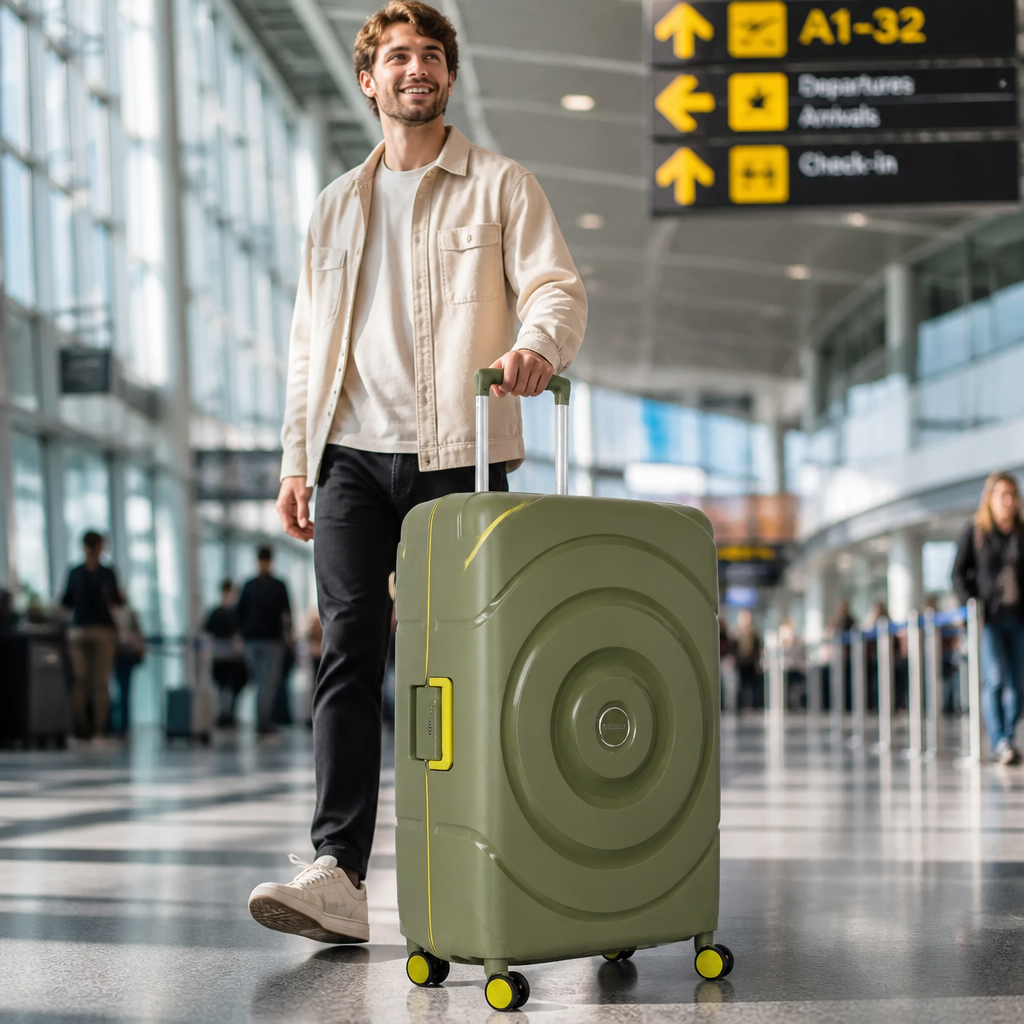 Happy traveler confidently gliding with Circurity luggage through airport, smiling and relaxed with belongings perfectly organized