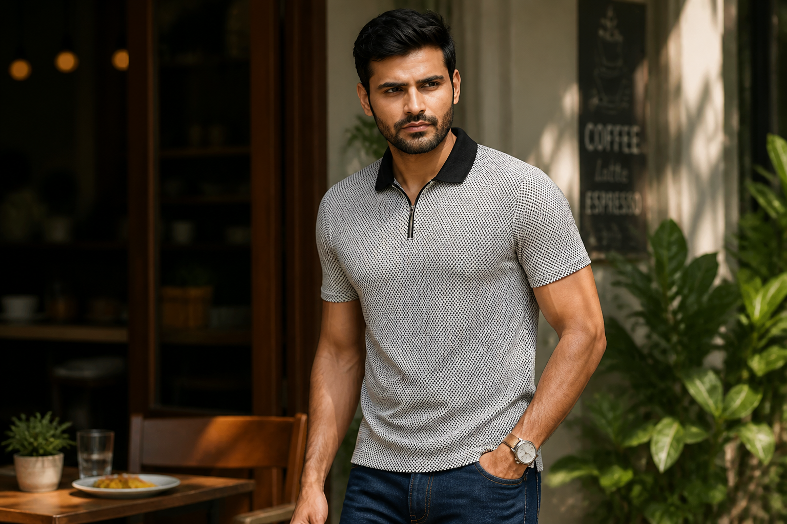 Man wearing flat-knit polo with classic blue jeans, casual weekend brunch look, warm daylight
