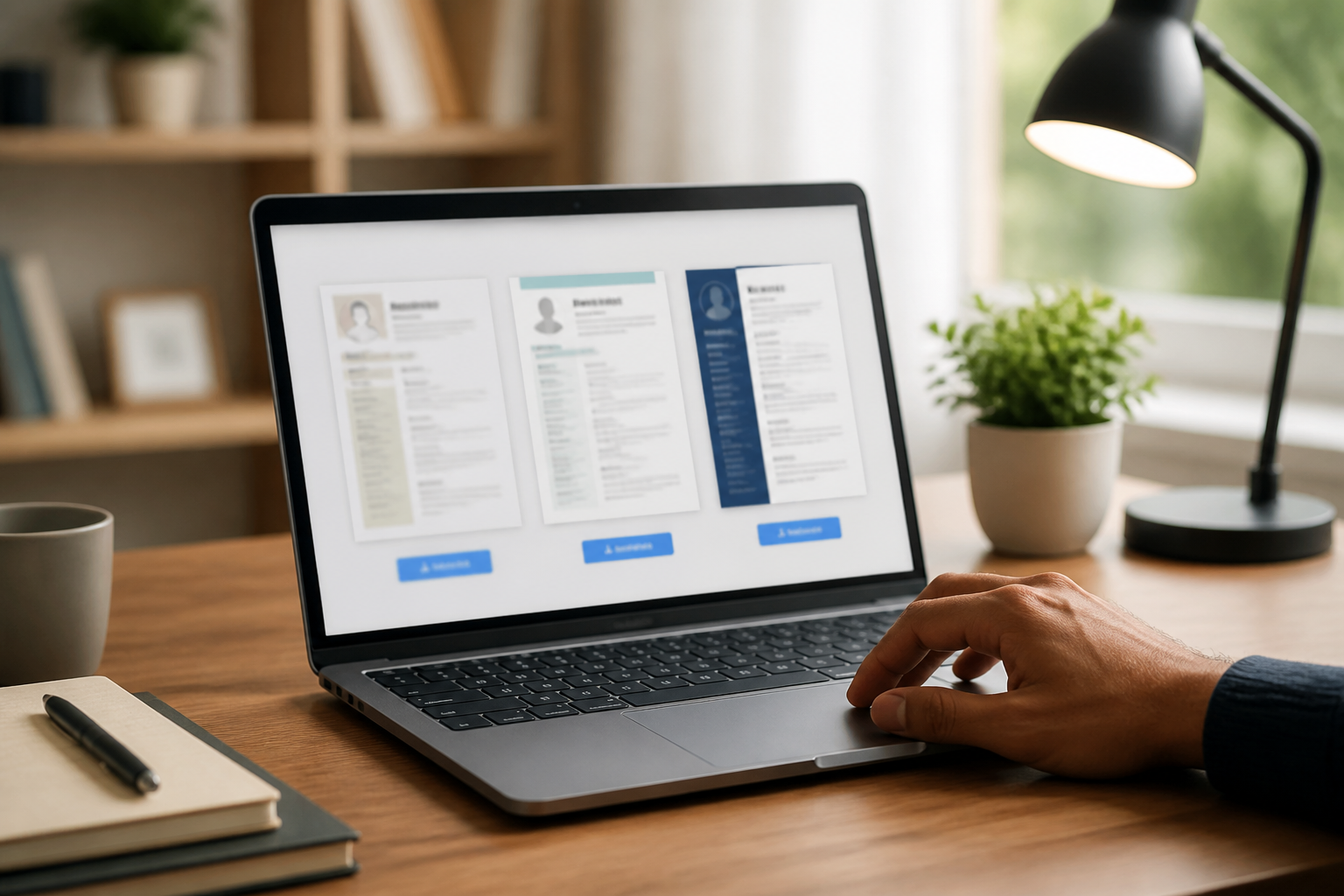 Indian professional clicking a download button on a laptop showing three resume template options in a bright modern home office