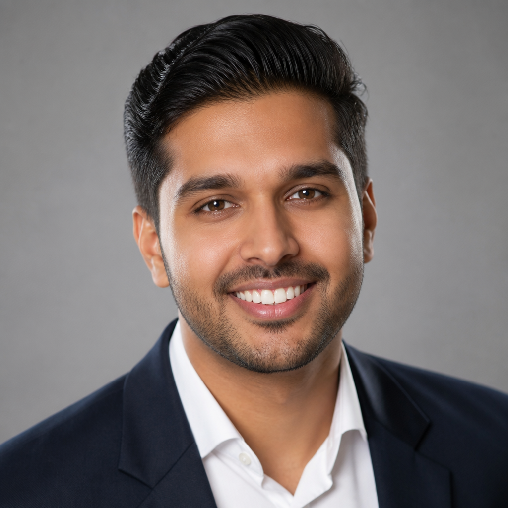 Confident portrait of a South Asian man in his forties with neatly trimmed salt-and-pepper beard, warm directional lighting, muted gradient backdrop