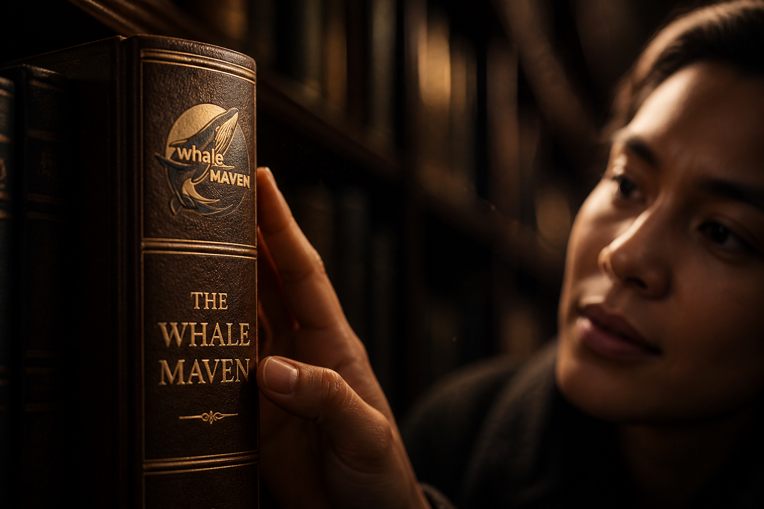Close-up of a leather book spine with gold title partially visible in soft warm light, moody library setting