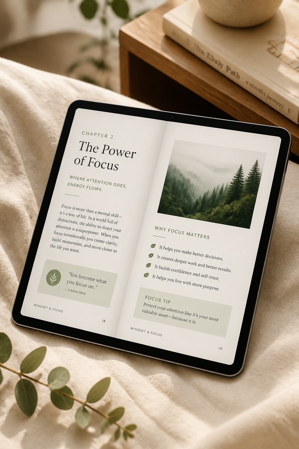 Tablet displaying an open e-book about mindset and focus on a soft cream background with green botanical accent