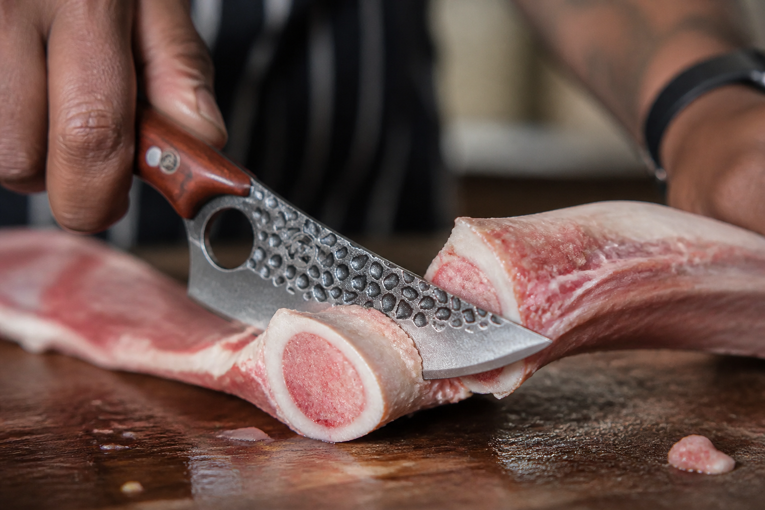 Clean smooth bone breaks showing effortless precision cutting with professional knife