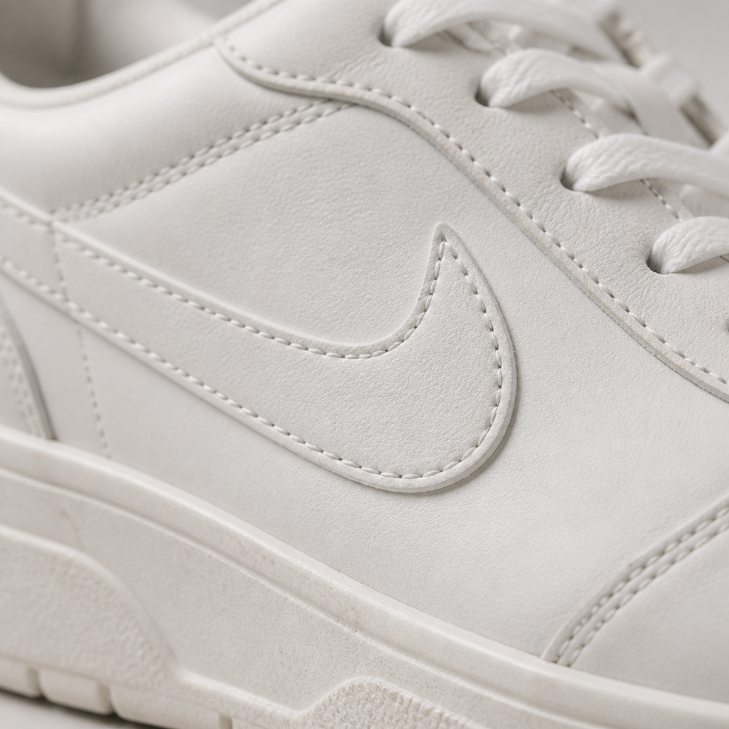 Close-up macro of the Nike swoosh logo stitched into the Nike Sneakers 3 showing fine thread detail and quality craftsmanship