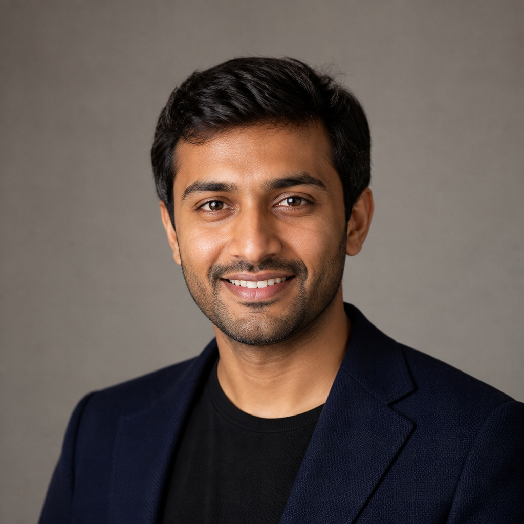 Smiling portrait of a young Indian man with short dark hair, warm soft daylight from a window, relaxed natural expression, editorial headshot