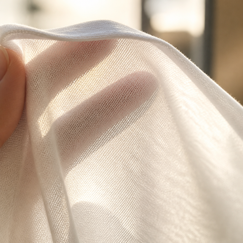 Soft-focus macro photograph of 100% cotton flat-knit fabric being held up to natural sunlight, showing weave texture and breathability