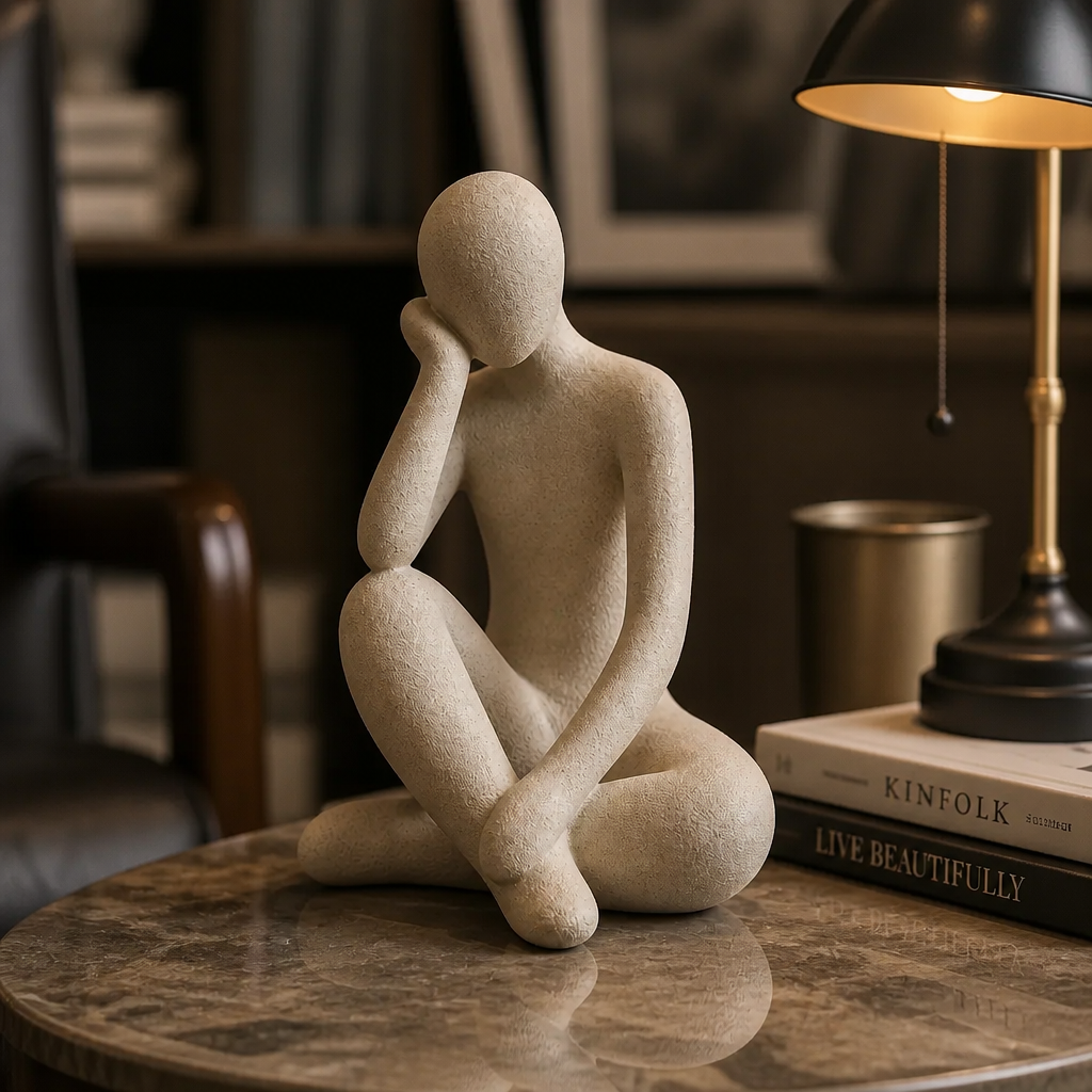 A sophisticated study desk setup with the Abstract Thought Thinker Accent placed beside stacked books and a warm desk lamp