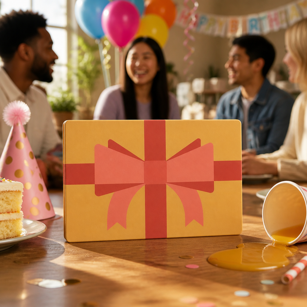 A birthday celebration scene with a gift card prominently displayed among balloons and streamers