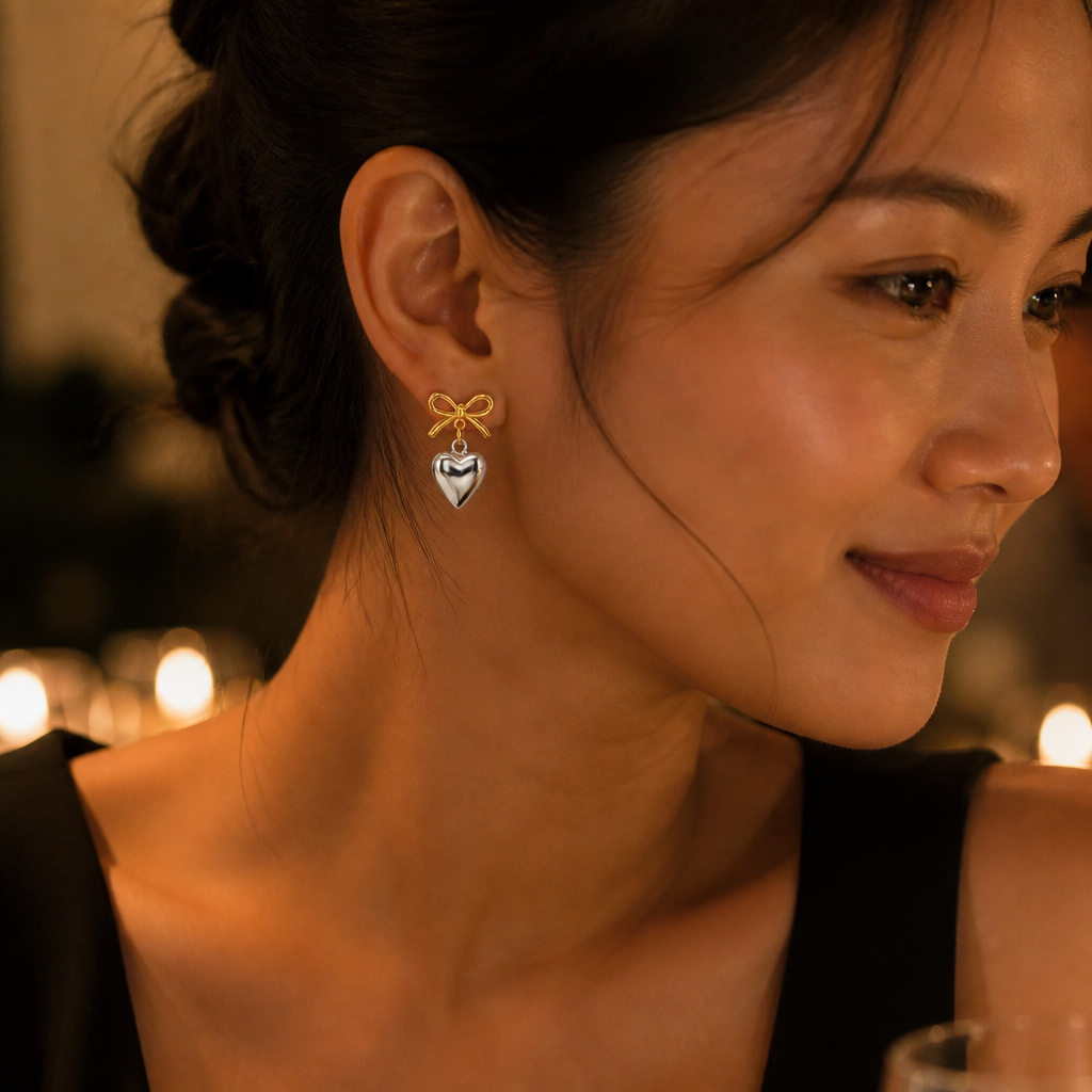Evening outfit featuring heart earrings with a sleek black dress and soft golden candlelight for a romantic date night