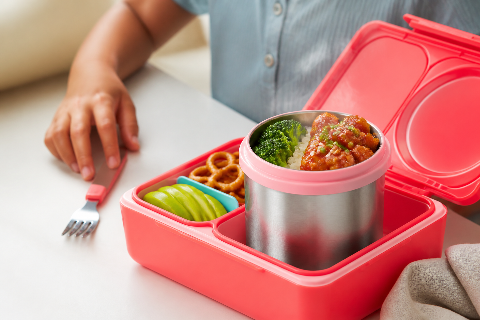 Steaming hot, colorful bento box meal with perfectly cooked rice, vegetables, and protein glistening with warmth