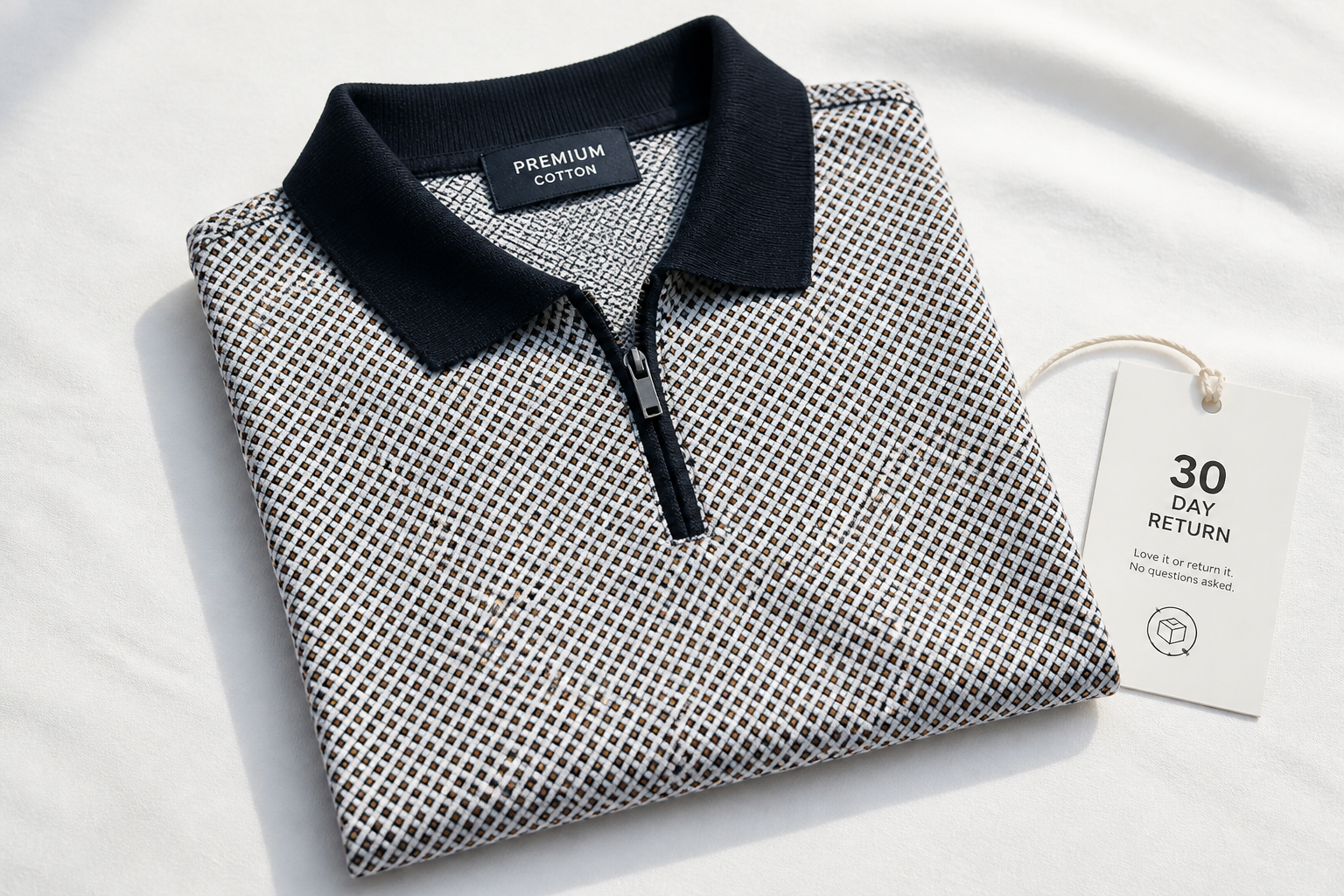Neatly folded multicolor flat-knit polo on a clean surface with a 30-day return tag placed beside it
