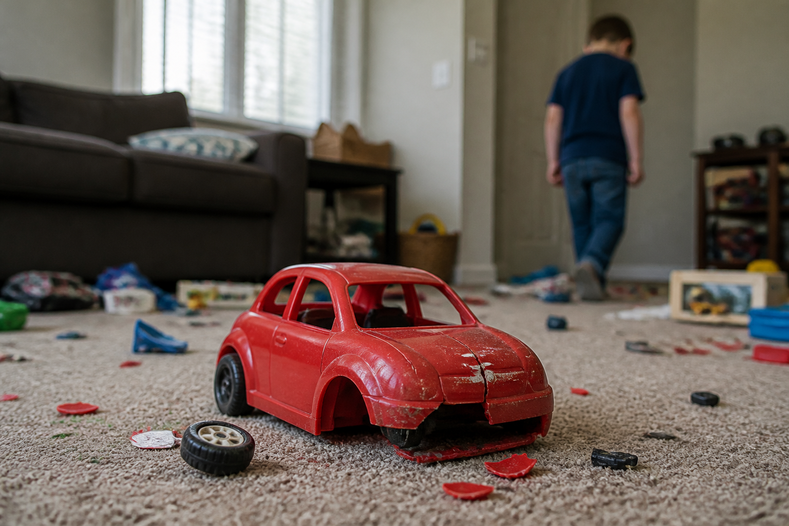 An unbranded, generic cheap red plastic toy car with a cracked chassis and broken wheel sitting on a messy living room carpet next to scattered broken toy parts, a frustrated child walking away in the background