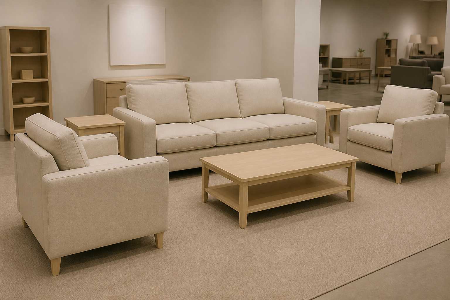 Generic unbranded boring matching beige furniture set in a soulless showroom-style living room with no character