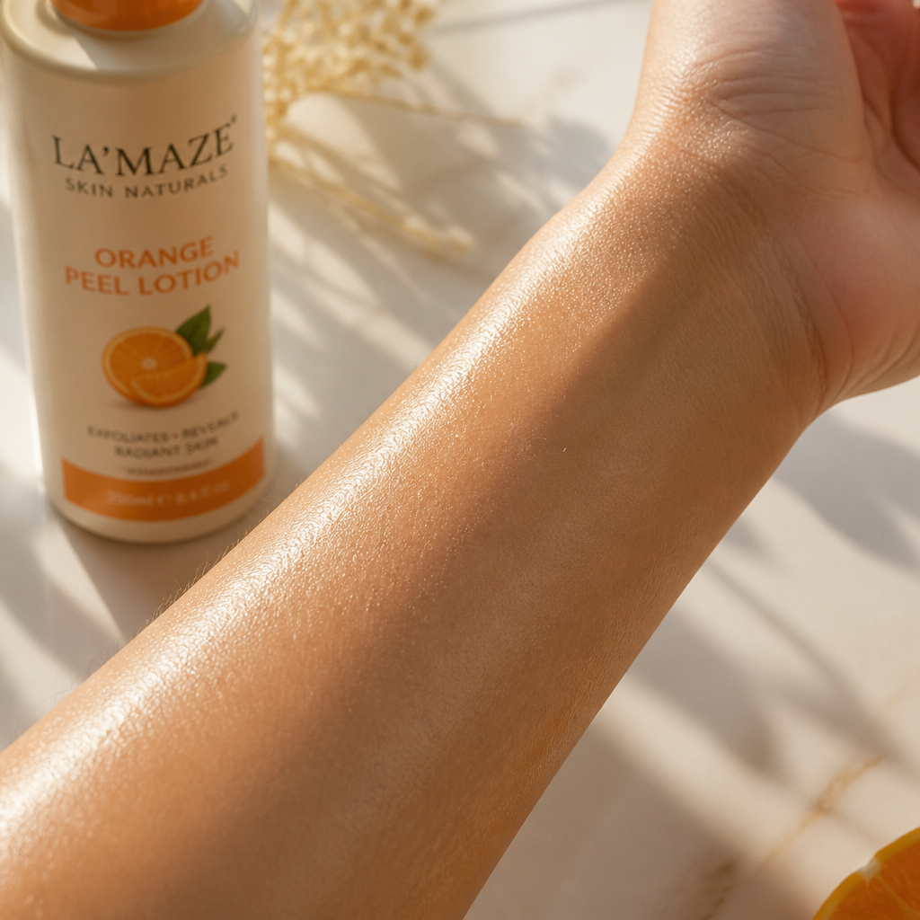 Close-up macro photo showing smooth, glowing, hydrated skin on an arm with a soft golden sheen from light reflection, clean background, visible softness and freshness in the texture