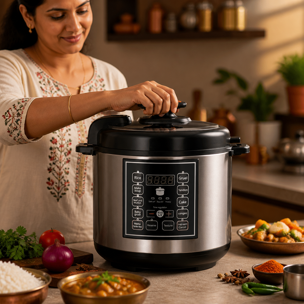 Sleek modern pressure cooker with digital display and stainless steel finish in a contemporary Indian kitchen setting with fresh ingredients and warm lighting