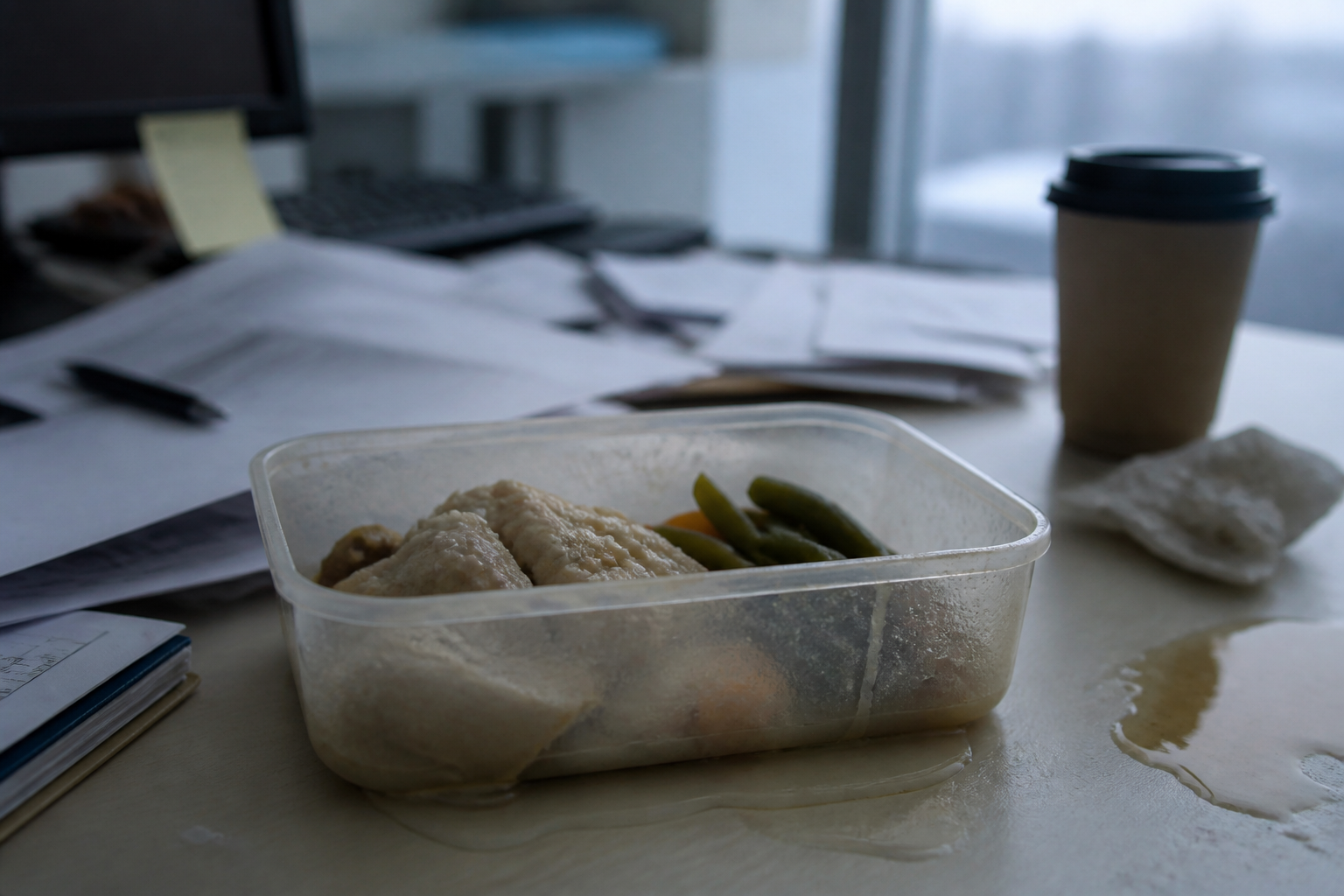 A sad unbranded leaking plastic lunch container with cold unappetizing food on a messy office desk showing the unhappy before state