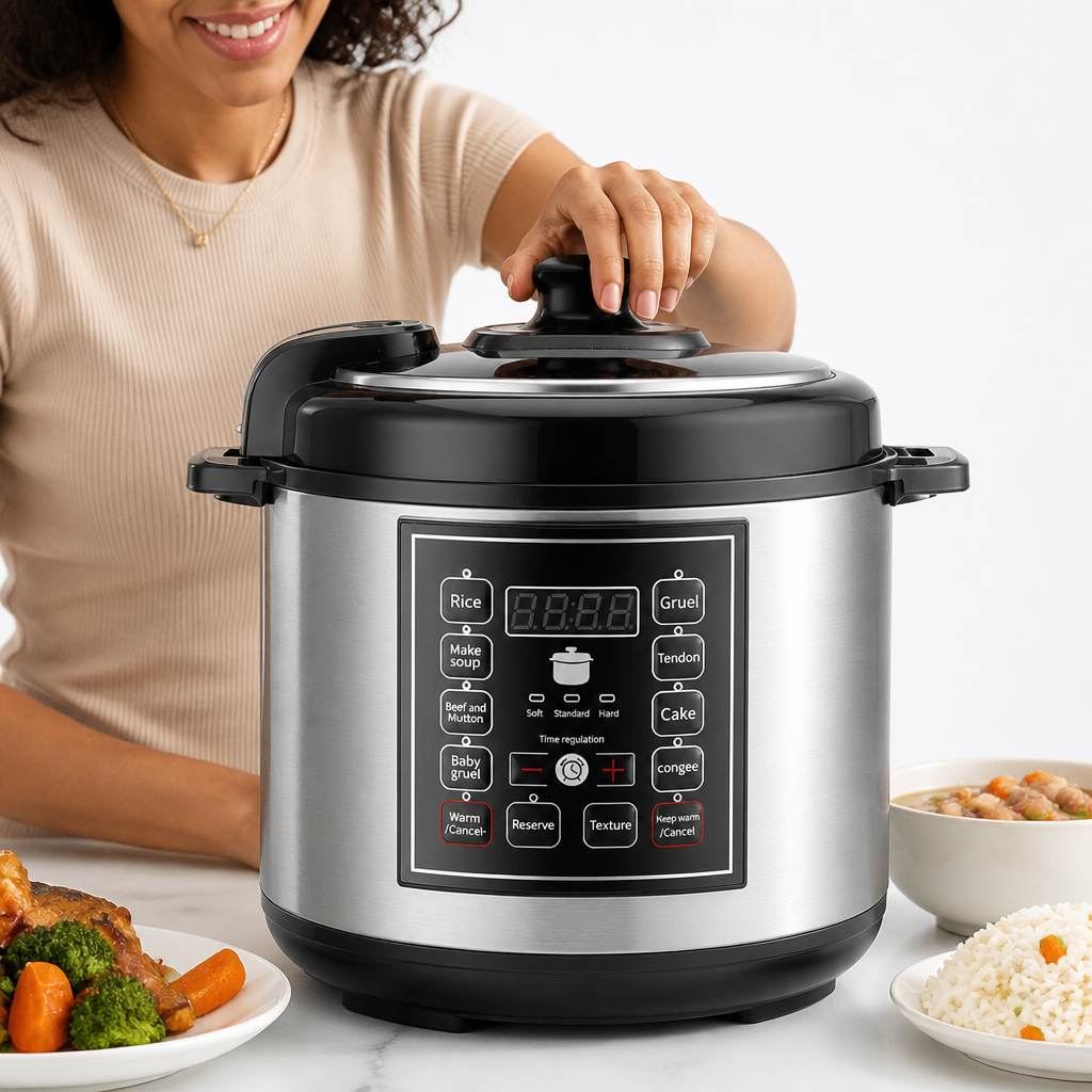 Hero product shot of rice cooker with modern kitchen background, LCD display visible, sleek design